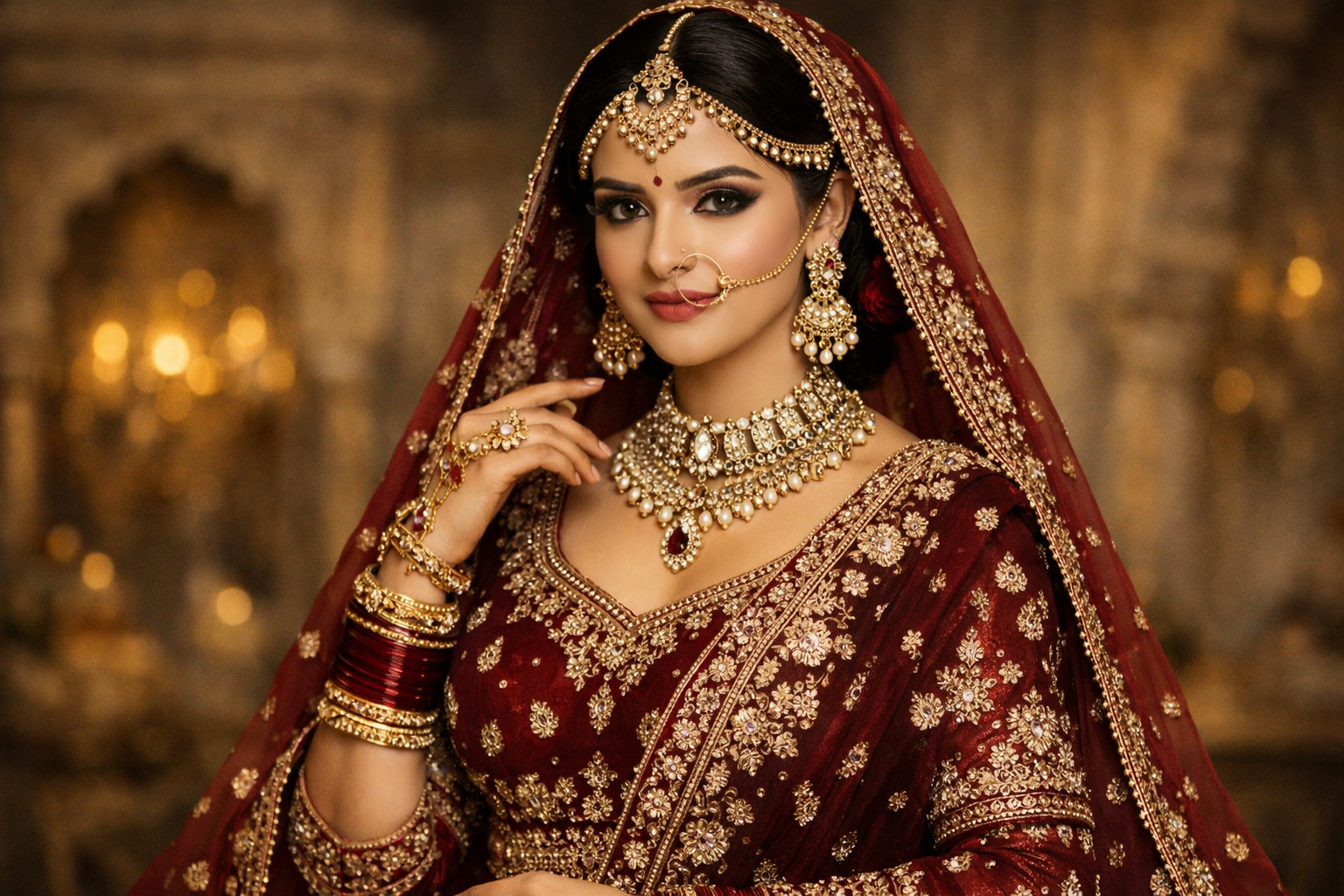Luxury Indian bride portrait in burgundy dress