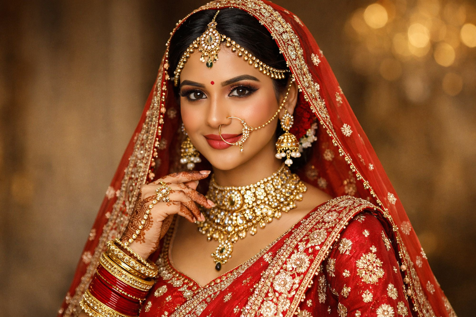Indian bride portrait in red wedding outfit