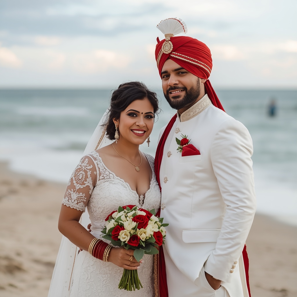 Indian and American beach wedding couple