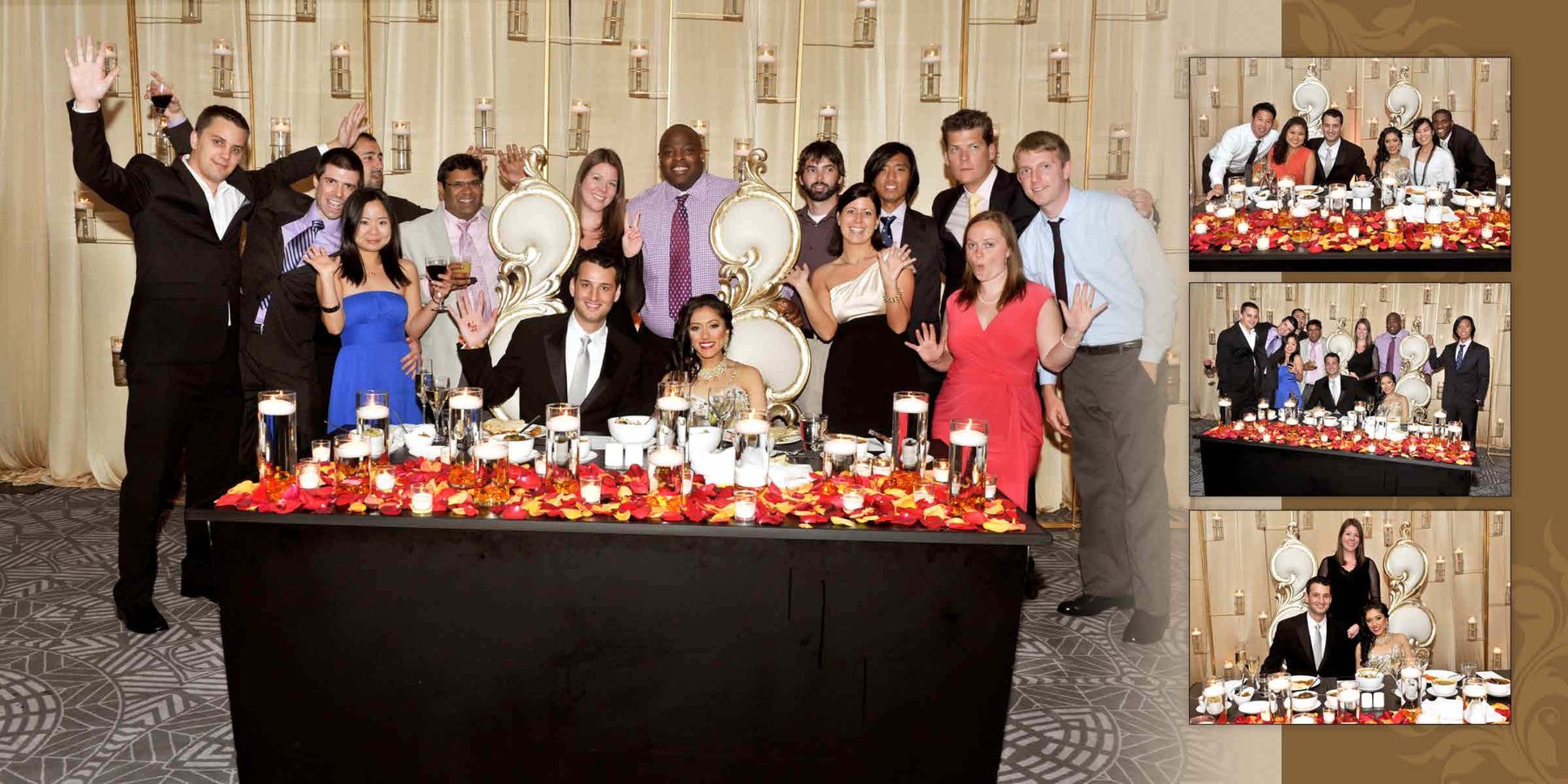 Wedding party gathered around a reception table