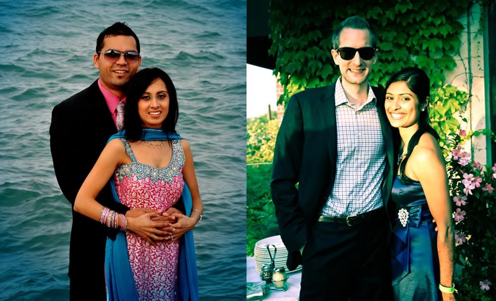 Two outdoor engagement portraits of a couple