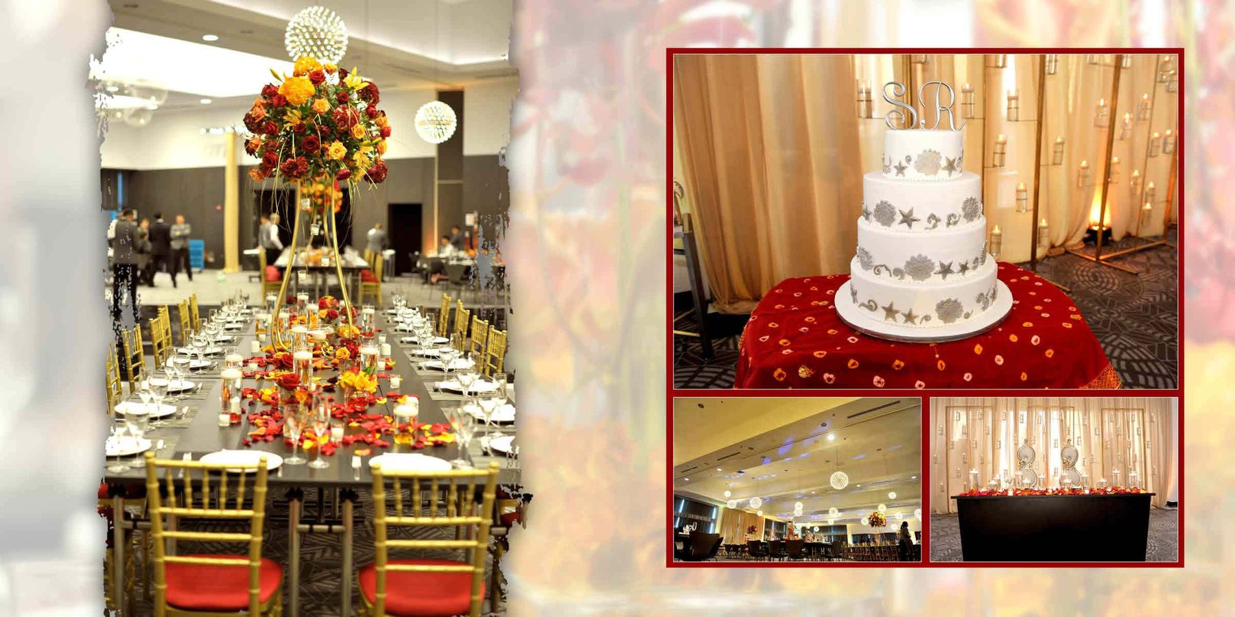 Wedding reception tables and tiered cake