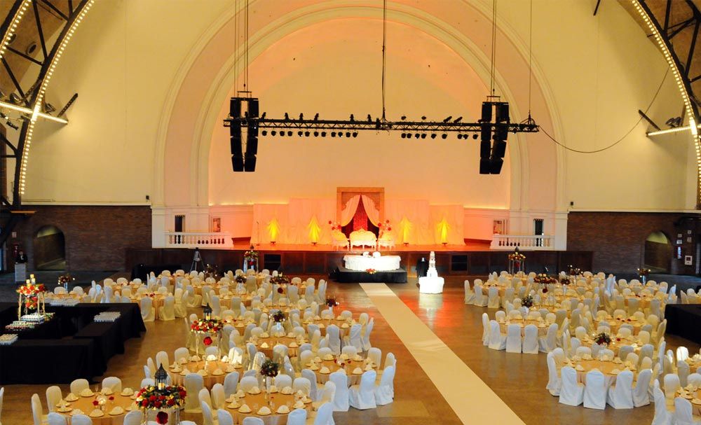 Wedding reception hall prepared for guests