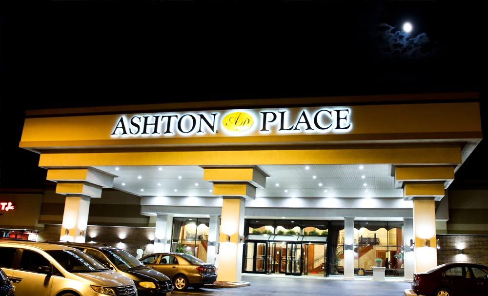 Illuminated entrance of a banquet venue